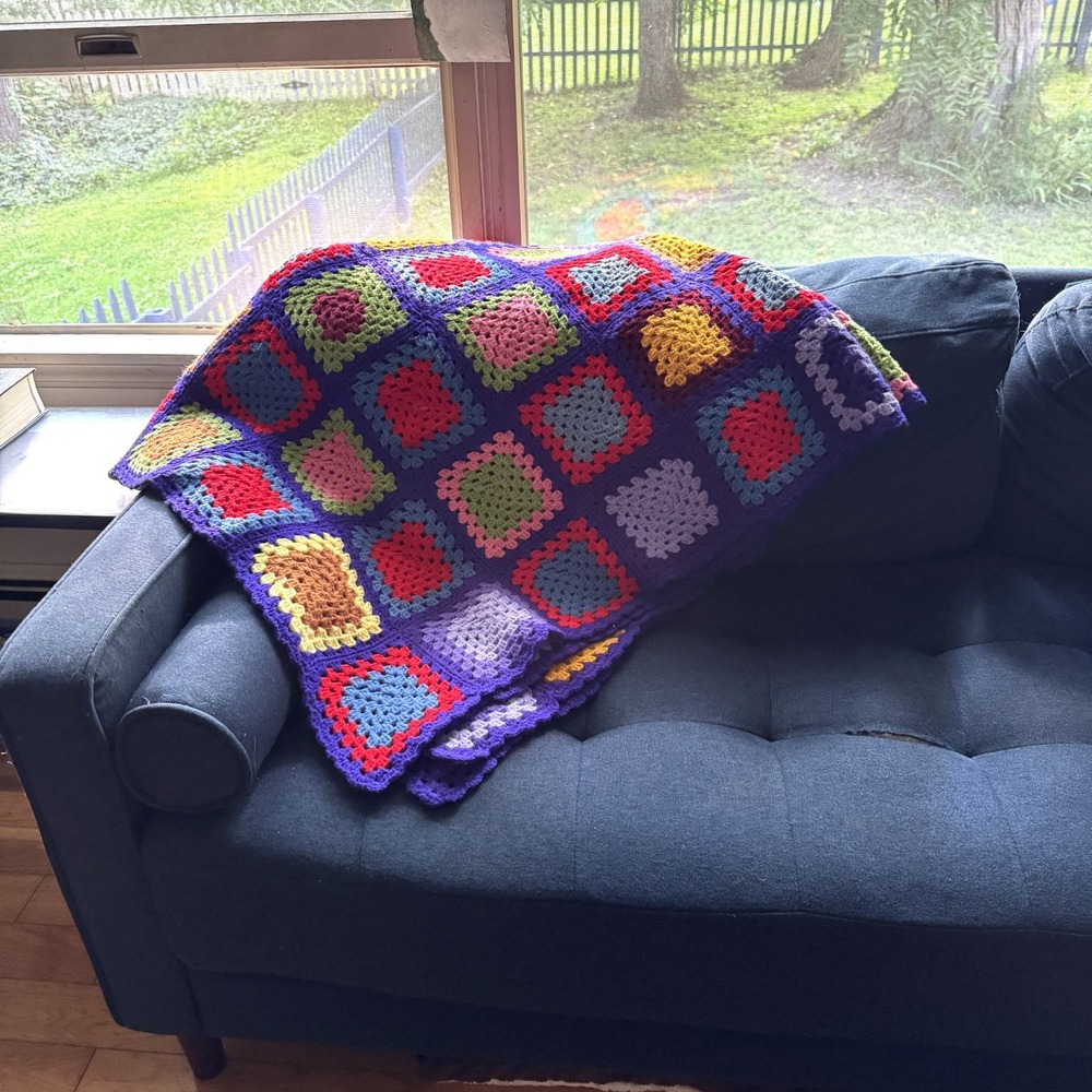 Crocheted Afghan Blanket Granny Squares Large Colorful Handmade 68" x  52"